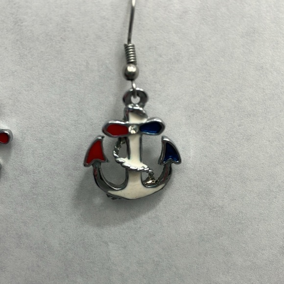 Nautical Anchor and Wheel Ship Dangle Earrings Design w/ Red, White & Blue - Picture 3 of 6